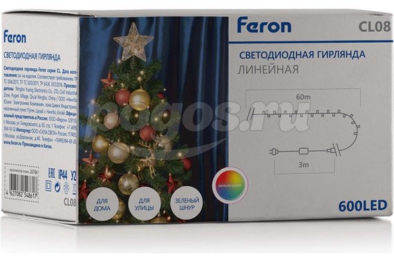 Гирлянда FERON 24V, 600 LED мульти, 21W, с 48W-драйвером, IP44, шнур 5м, 0.2мм, CL08 26784