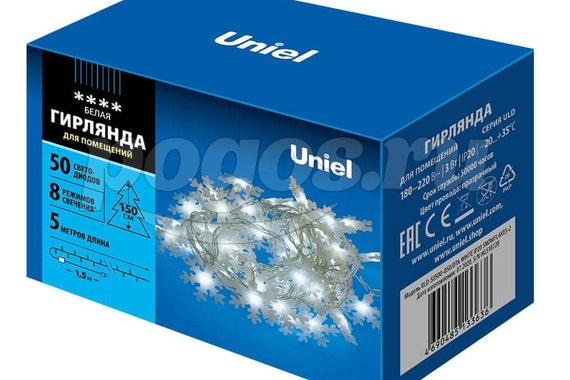 Гирлянда "Снежинки-2" 5м 50LED прозр. шнур белый свет  Uniel