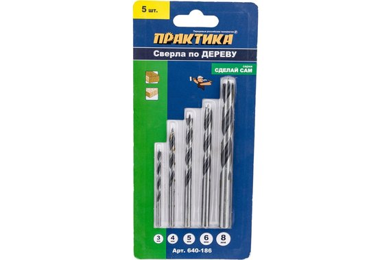 Набор сверл по дереву 5 шт 3 4 5 6 8 мм ПРАКТИКА