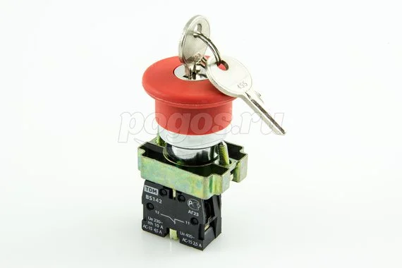 Кнопка BS142, d-22, красн.230В, 1з, с ключом,"Грибок" TDM
