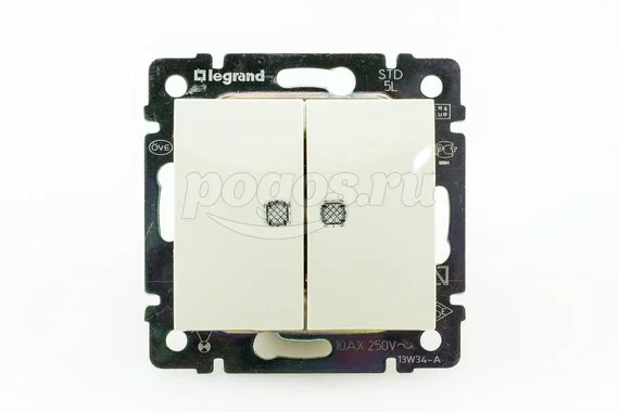 Выключатель 2кл 10А с подсв (зел) слоновая кость Valena LEGRAND