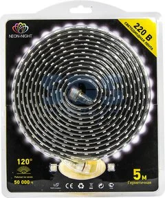 Лента светодиодная 14,4W/м 60LED/м 13*8мм SMD5050 220В Белый 4000К IP65  NEON-NIGHT
