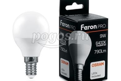 Светодиодная лампа FERON PRO LB-1409 Шарик E14 9W 6400K OSRAM LED 38079