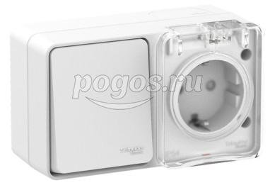 Блок (розетка с/з со шт+выкл. 1-кл) 10 AX IP54 AtlasDesign Profi54 белый  Schneider Electric