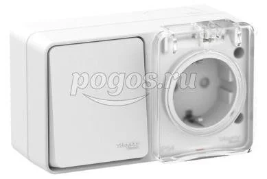 Блок (розетка с/з со шт+выкл. 1-кл) 10 AX IP54 AtlasDesign Profi54 белый  Schneider Electric