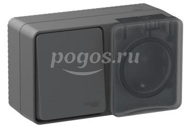 Блок (розетка с/з со шт+выкл. 1-кл) 10A IP54 AtlasDesign Profi54 антрацит  Schneider Electric