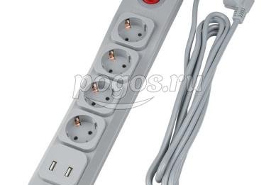 Фильтр сетевой Lux 3м ПВС 3*0,75 4гн с/з 10А, 2 USB (2.1A)   Uniel