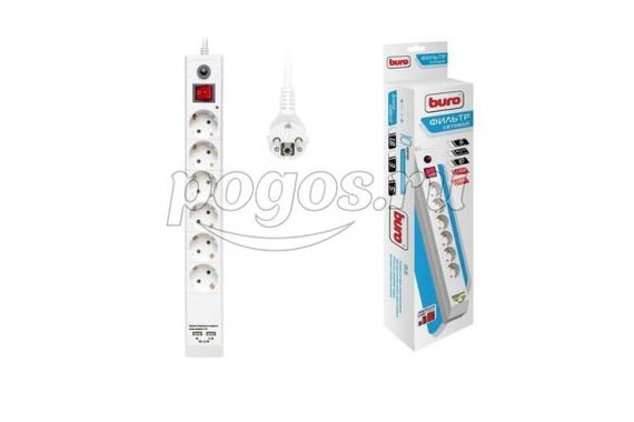Фильтр сетевой 6 гнезд 10А + 2USB 2А 1,8м IP20 3*0,75 белый  BURO