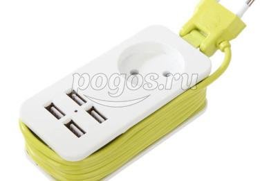 Удлинитель 1гнездо б/з, 4USB 2.1A, белый 1,5м  Uniel