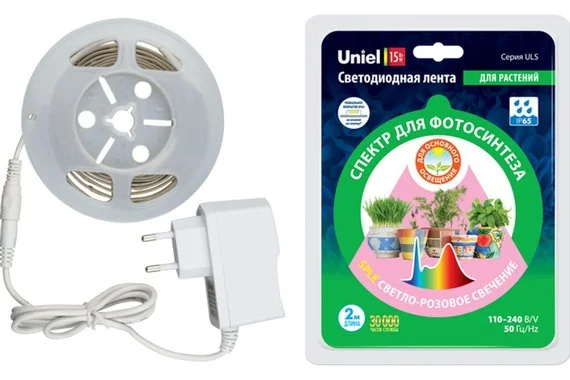Лента светодиодная спектр для фотосинтеза, адаптер 15Вт 2м SMD2835 42LED/m IP65  UNIEL