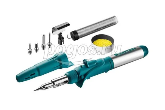 Паяльник газовый, пьезоподжиг, 7 насадок, припой,  защитный компачок, чистка жал, 1300С  KRAFTOOL