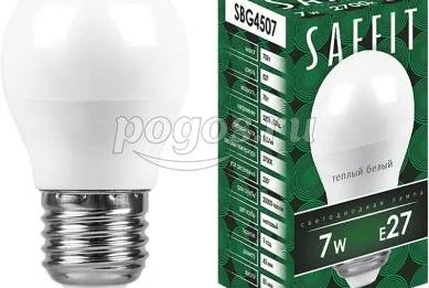Лампа светодиодная 7W 230V E27 2700K G45 шарик  SAFFIT