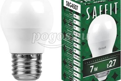 Лампа светодиодная 7W 230V E27 4000K G45 шарик  SAFFIT