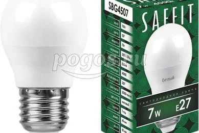 Лампа светодиодная 7W 230V E27 4000K G45 шарик  SAFFIT