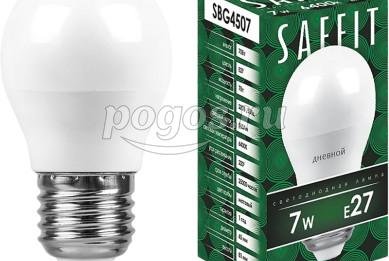 Лампа светодиодная 7W 230V E27 6400K G45 шарик  SAFFIT