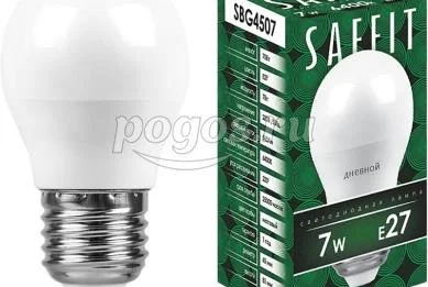 Лампа светодиодная 7W 230V E27 6400K G45 шарик  SAFFIT